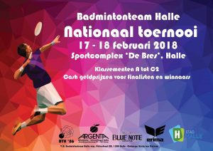 Nationaal Toernooi 2018 Badmintonteam Halle 1986 stad Halle Sportcomplex De Bres Badminton Vlaanderen Argenta Dworp Swaelens Verschingel Blue Note Halse Pub